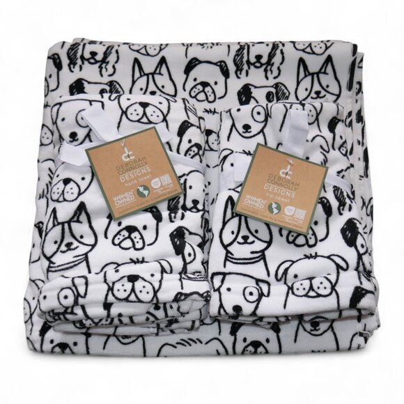 Deborah Connolly 6 PC Bath Towel Set Set Puppy Faces Black & White Dog Show NWT - Picture 2 of 10